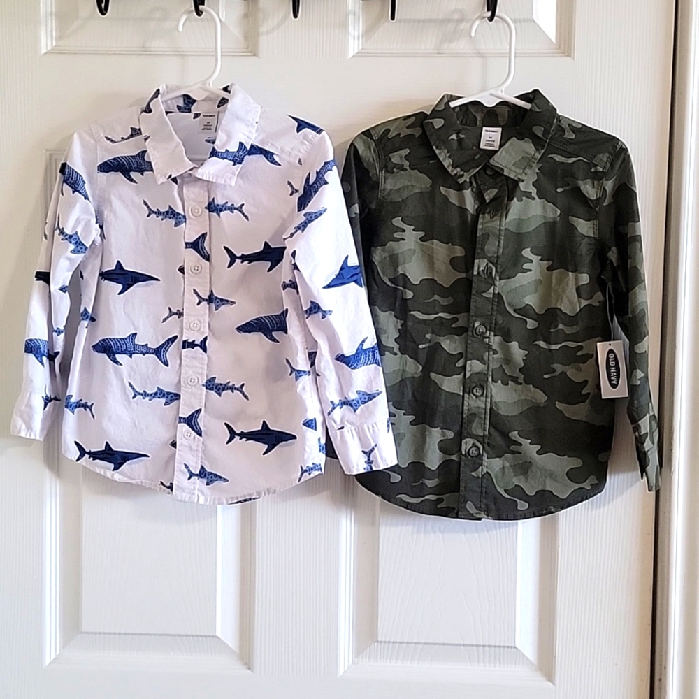Boys Old Navy button down tops, white with blue sharks and camouflage green
